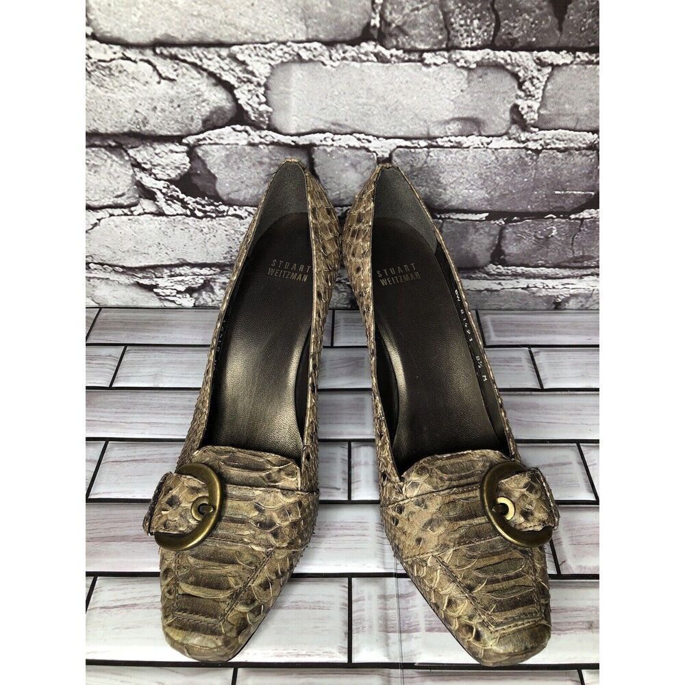 Stuart Weitzman Brown Taupe Leather Python Square… - image 2